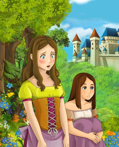 Cartoon Szene Mit Zwei Mädchen Die Sich Ein Schloss Anschauen — Stockfoto