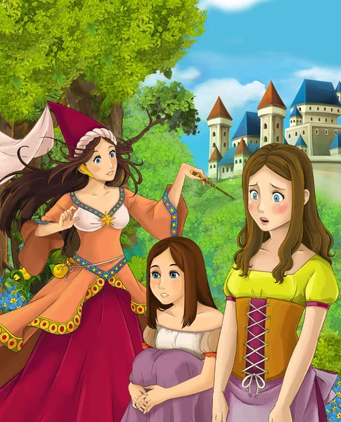 美しい魔女と背景 子供のための図の城の近くの森で二人の女の子の漫画シーン — ストック写真