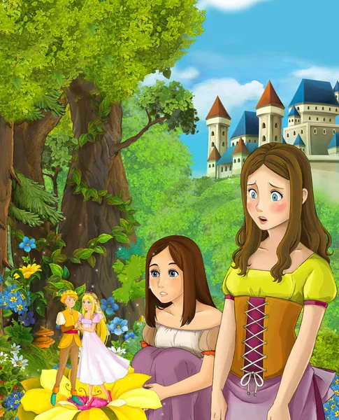 卡通场景与两个女孩观看婚礼夫妇的 Elf 插图为儿童 — 图库照片