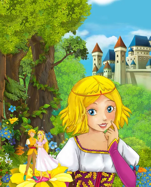 Kreskówka Scena Młoda Księżniczka Oglądania Kilku Elfs Stojący Duży Kwiat — Zdjęcie stockowe