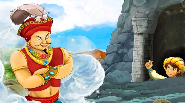 卡通场景与石门在山魔术师正在寻找男孩王子试图走出洞穴 插图为孩子 — 图库照片