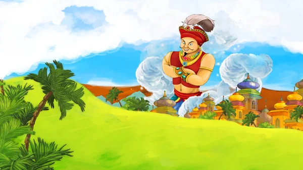 Kreslený Scény Obří Kouzelník Létání Nad Hrad Ilustrace Pro Děti — Stock fotografie
