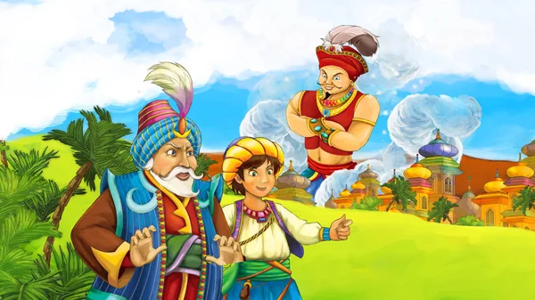 cartoon scene with prince and king meeting sorcerer in front of a castle - illustration for children
