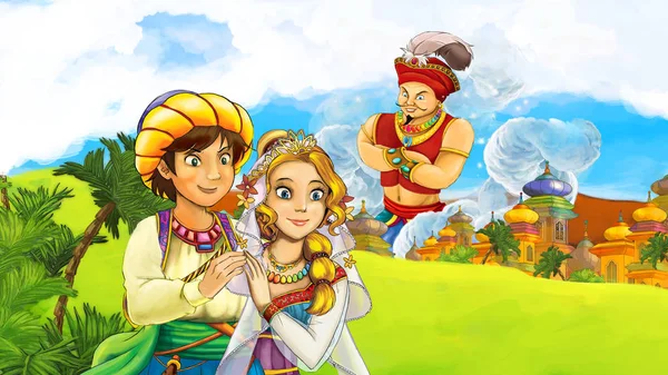 cartoon scene with prince and princess meeting sorcerer in front of a castle - illustration for children