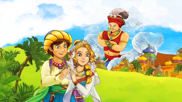 cartoon scene with prince and princess meeting sorcerer in front of a castle - illustration for children