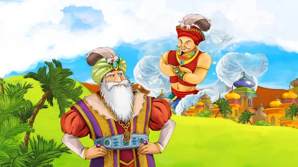 cartoon scene with prince or king meeting sorcerer in front of a castle - illustration for children