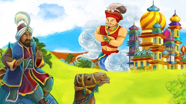 Cartoon Scen Med Kungen Och Trollkarl Framför Ett Slott Illustration — Stockfoto