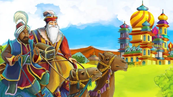 Escena Dibujos Animados Con Ricos Reyes Camellos Que Van Castillo — Foto de Stock