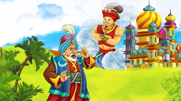 cartoon scene with prince or king meeting sorcerer in front of a castle - illustration for children