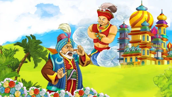 cartoon scene with prince or king meeting sorcerer in front of a castle - illustration for children