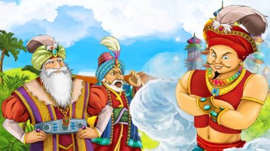 çizgi film sahne ile Prens ya da büyücü bir kale - illüstrasyon çocuklar için önünde toplantı krallar