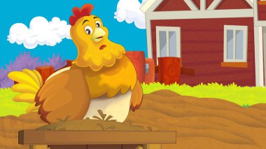 çiftlikte - çocuklar için resimde arka bahçesinde mutlu tavuk ile çizgi film sahne