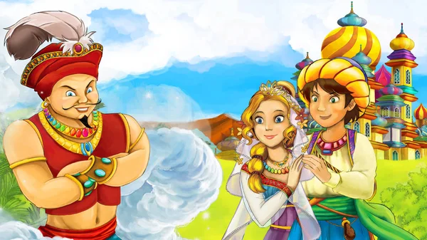 Cartoon Scène Met Prins Prinses Vergadering Tovenaar Voor Een Kasteel — Stockfoto