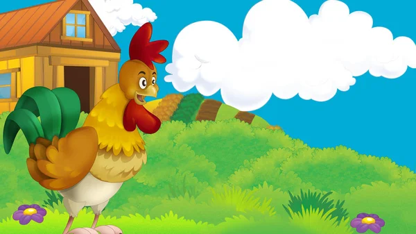 cartoon scene with rooster on the meadow near wooden farm house illustration for children