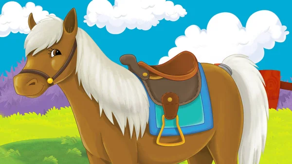 Cena Dos Desenhos Animados Com Cavalo Feliz Fazenda Olhando Ilustração — Fotografia de Stock