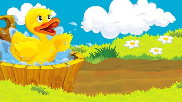 cartoon scene with little duck taking bath outside - illustration for children