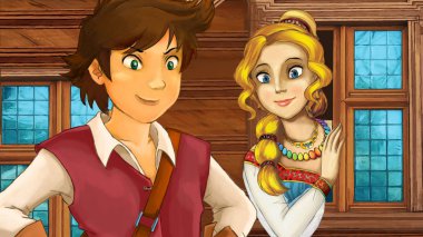 çizgi film sahne Prens ya da Prenses penceredeki - gösterim amacıyla çocuk bakarak dışında seyahat ile