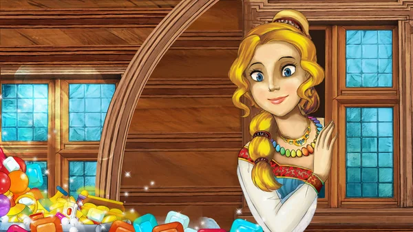 Cartoon Scen Med Prinsessan Ser Utanför Fönstret Illustration För Barn — Stockfoto