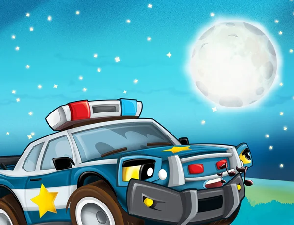 cartoon scene with police car looking at the moon and stars - illustration for children
