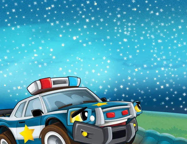 cartoon scene with police car looking at the stars - illustration for children