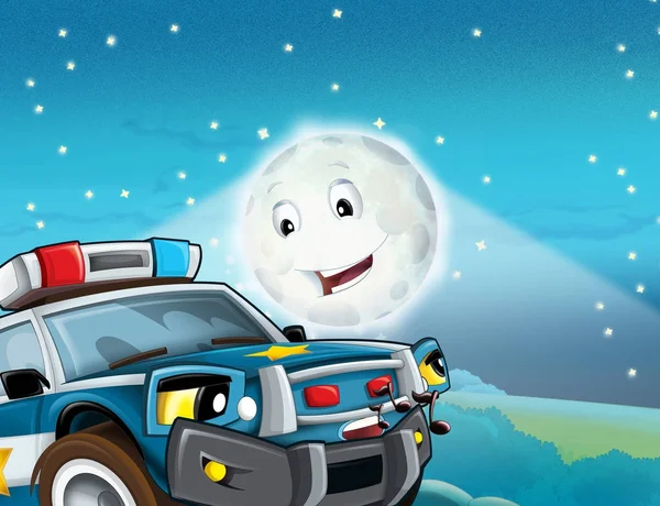 Kreskówka Scena Policji Samochód Patrząc Księżyc Gwiazdy Ilustracja Dla Dzieci — Zdjęcie stockowe