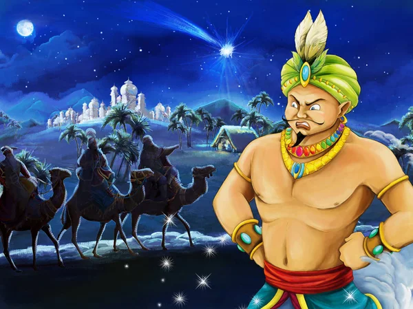 Cartoon Scen Med Kungen Tittar Tre Ryttare Kameler Natt Illustration — Stockfoto