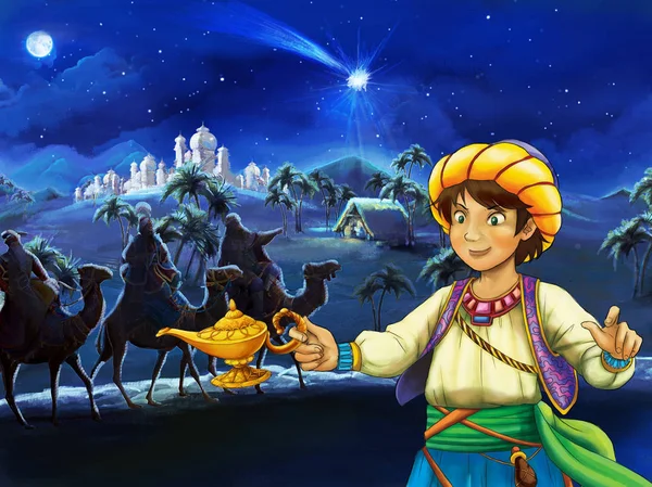 Cartoon Scene Young Boy Looking Three Riders Camels Night Illustration — Stock Photo, Image