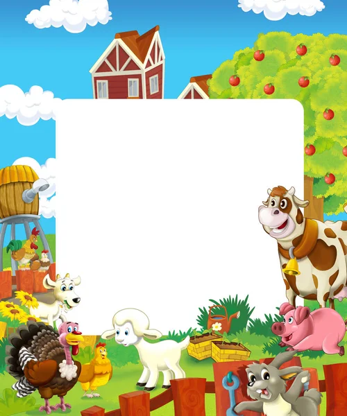 Zeichentrickszene Mit Nutztieren Rahmen Für Unterschiedliche Verwendung Illustration Für Kinder — Stockfoto