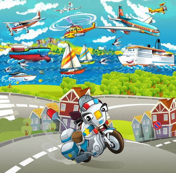 Cartoon scene with motorbike on the street police officer - illustration for children