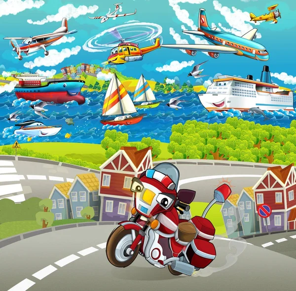 Cartoon Szene Mit Motorrad Auf Der Straße Feuerwehrmann Illustration Für — Stockfoto