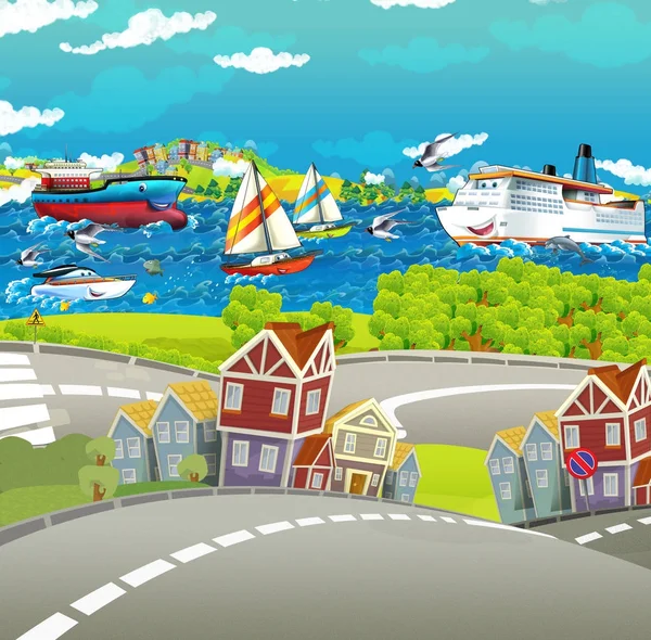 Escena Dibujos Animados Con Barcos Barcos Cerca Ciudad Ilustración Para —  Fotos de Stock