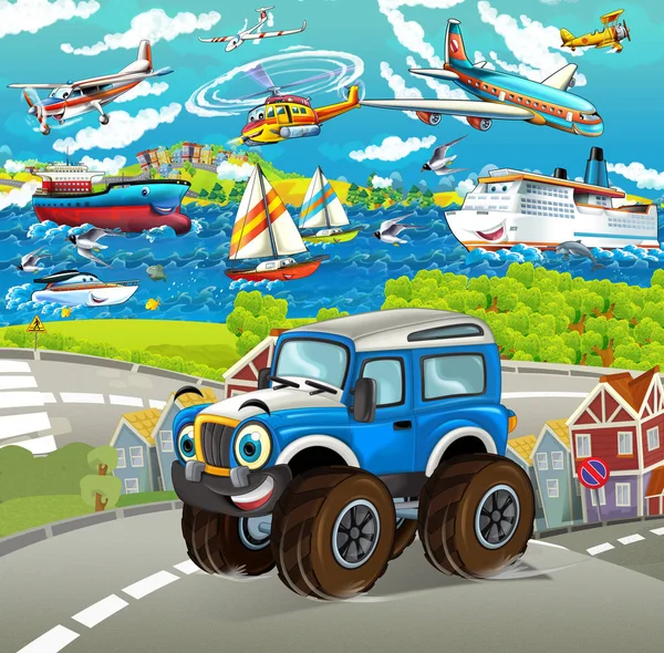 cartoon funny looking off road car driving through the city and smiling many different planes and ships in the background - illustration for children