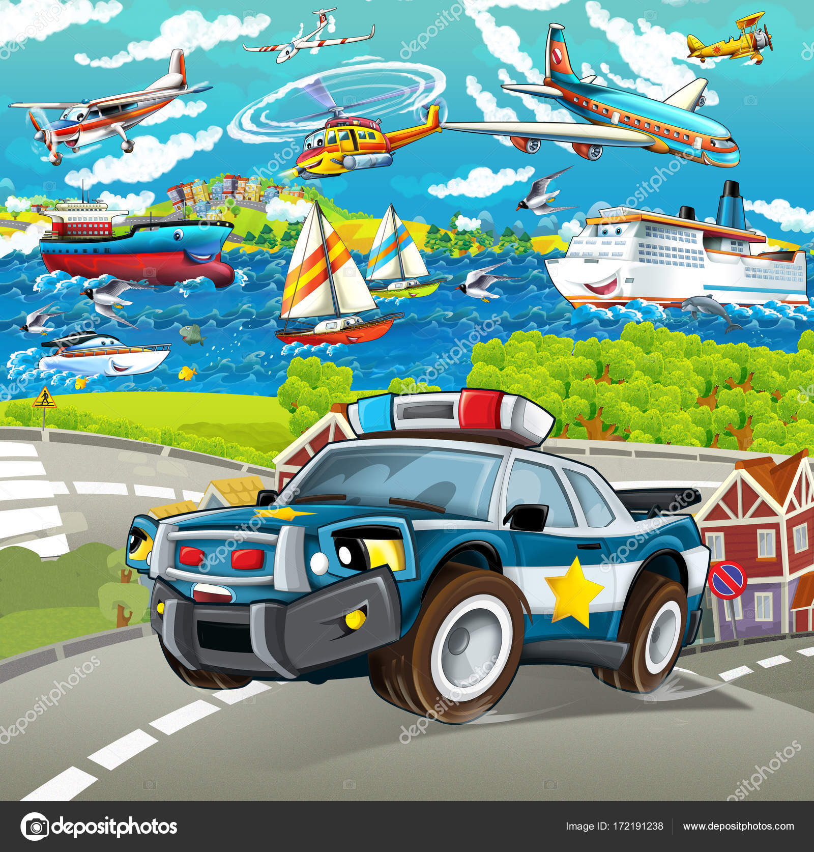Desenho Animado Cena Com Carro Polícia Ilustração Para Crianças Ilustração  por ©illustrator_hft #404863370