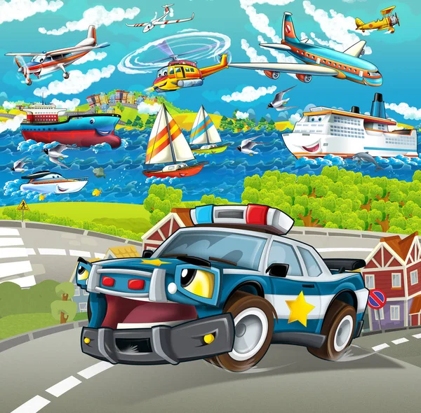 Cartoon Scen Med Polisbil Kör Genom Staden Flygplan Och Fartyg — Stockfoto