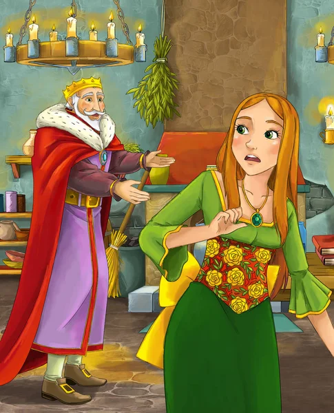 cartoon scene with happy king talking to beautiful young lady - illustration for children