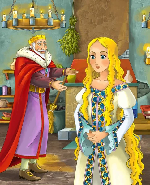 Kreskówka Scena Szczęśliwy Król Rozmawia Piękną Młodą Kobietę Ilustracja Dla — Zdjęcie stockowe