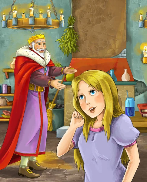 Cartoon Scene Happy King Talking Beautiful Young Lady Illustration Children — Stock Photo, Image