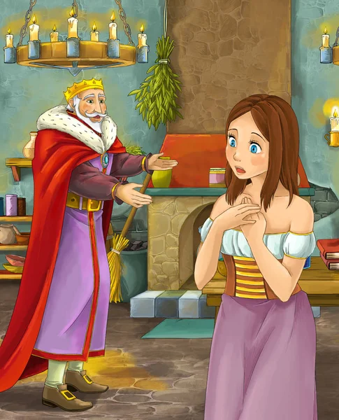 Cartoon Scene Happy King Talking Beautiful Young Lady Illustration Children — Stock Photo, Image