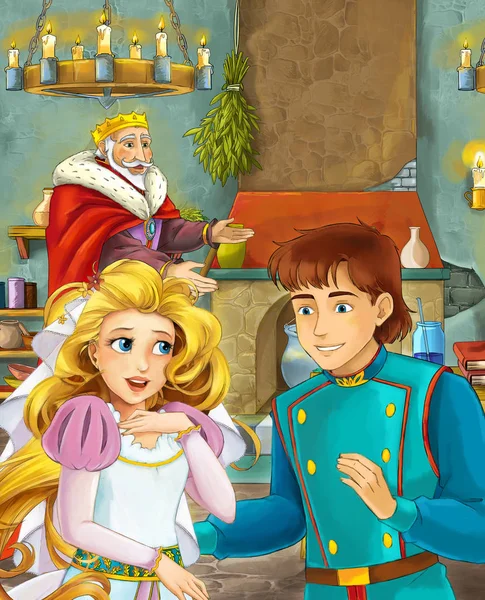 cartoon scene with happy loving couple king standing in the background and smiling - illustration for children