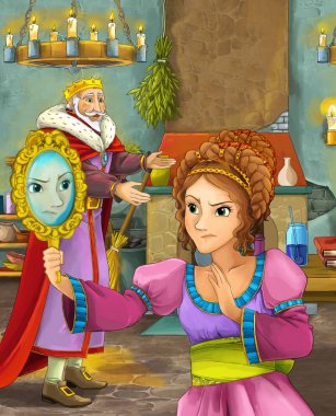Kale mutfak ve güzel genç bayan - illüstrasyon çocuklar için mutlu Kral ile çizgi film sahne