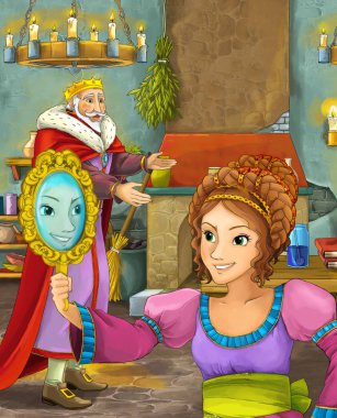 Kale mutfak ve güzel genç bayan - illüstrasyon çocuklar için mutlu Kral ile çizgi film sahne