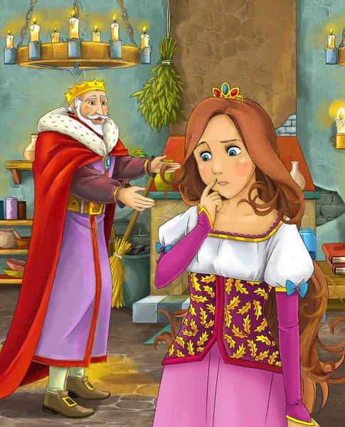 Cartoon Scene Happy King Talking Beautiful Young Lady Illustration Children — Stock Photo, Image