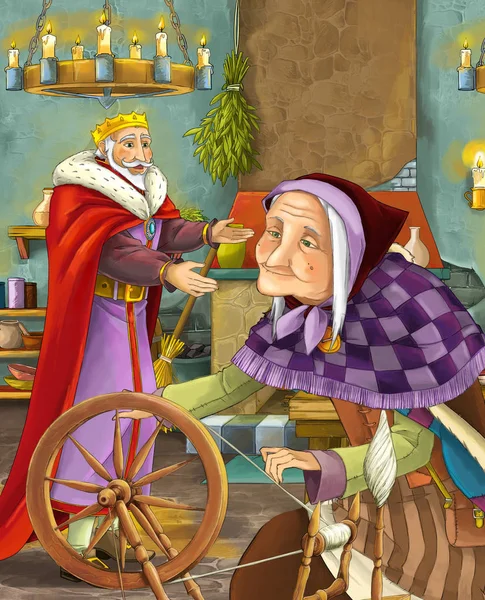 cartoon scene with king and old lady like witch talking illustration for children