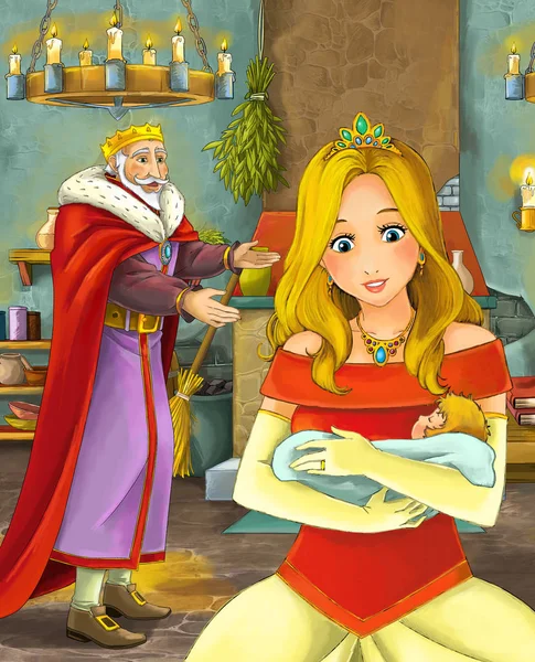 Kreskówka Scena Szczęśliwy Król Rozmawia Piękną Młodą Kobietę Ilustracja Dla — Zdjęcie stockowe