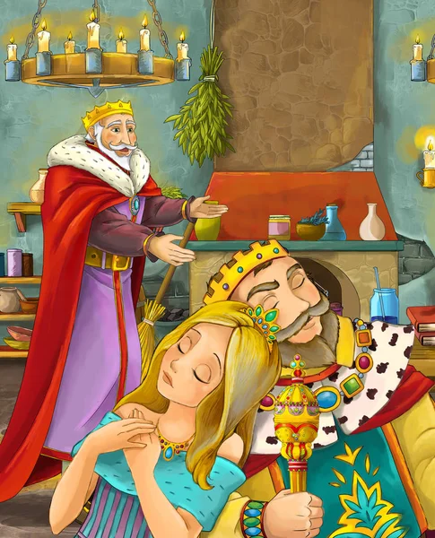 Kreskówka Scena Szczęśliwy Król Patrząc Inne Spania Para Królewska Ilustracja — Zdjęcie stockowe
