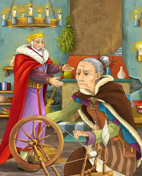 cartoon scene with king and old lady like witch talking illustration for children