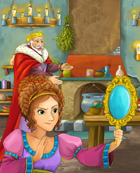 Cartoon Scene Happy King Castle Kitchen Beautiful Young Lady Illustration — Stock Photo, Image