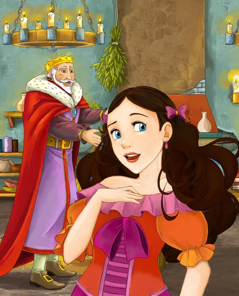 Cartoon Scene Happy King Talking Beautiful Young Lady Illustration Children — Stock Photo, Image