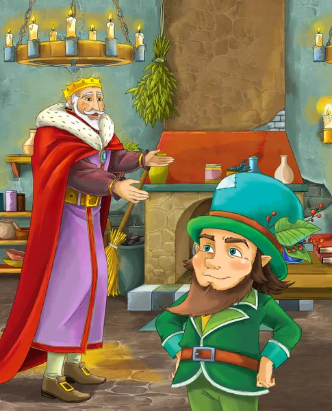 卡通场景与快乐的国王站在厨房 并与儿童的侏儒插画交谈 — 图库照片