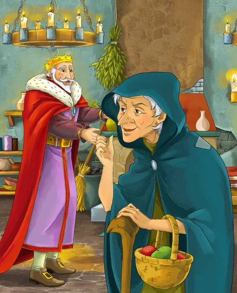卡通场面与国王和老夫人象巫婆谈话例证为孩子 — 图库照片